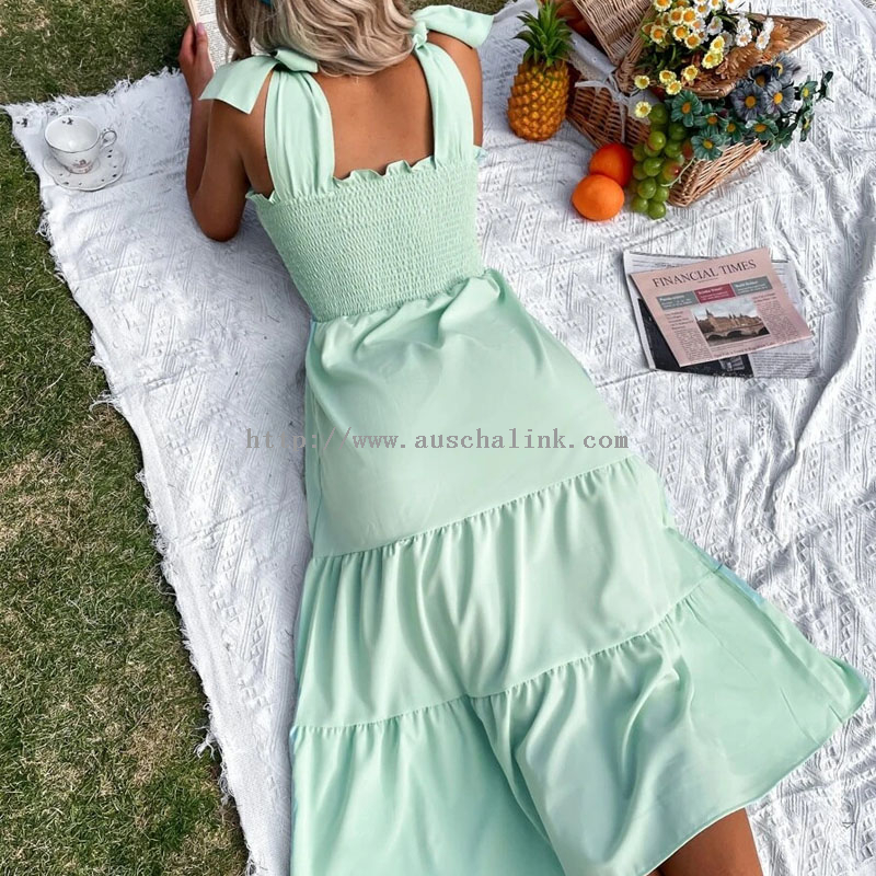 New Summer Pure Color Lace Shoulder Parallel Crepe Seam Flounces Halter Casual Dress Women