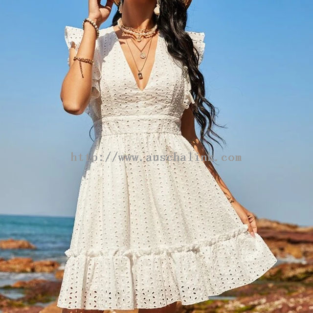 New Custom V-neck Mesh Embroidery Frilly White Casual Cotton Dress for Women