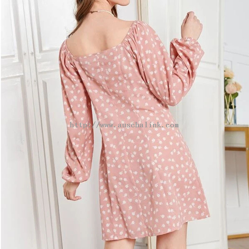 Spring 2022 Pink Long Sleeve High Waist Square Collar Floral Flared Casual Dress for Women