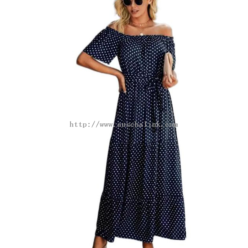 2022 New Short Sleeve Long Wave Point Off-the-shoulder Belt Casual Dress for Women