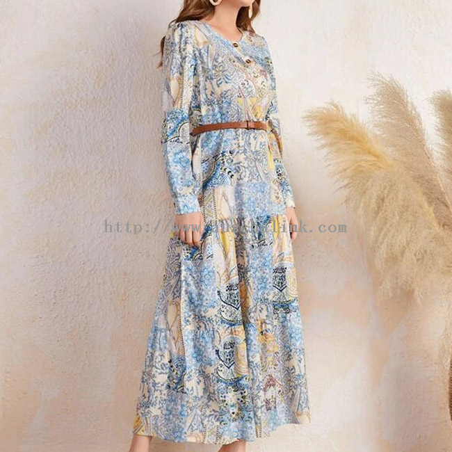 Autumn Long Sleeves Elegant Round Neck Patchwork Printed Flounces Hem Casual Dress for Women