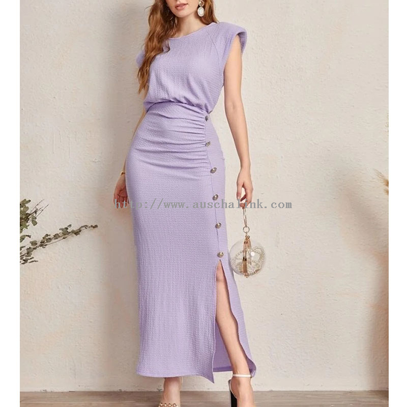 New Round Collar Sleeveless Solid Color Button Detail Slit Hem Professional Dress for Women
