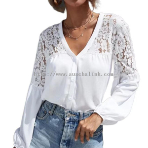 Spring And Autumn White V-neck Lace with Inlaid Lantern Sleeves Elegant Blouse for Women