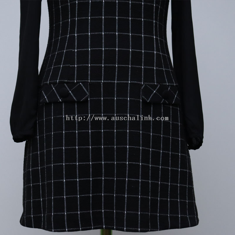 Spring And Autumn New Long-sleeve Lapel Plaid False Pocket High-waist Professional Dress Women