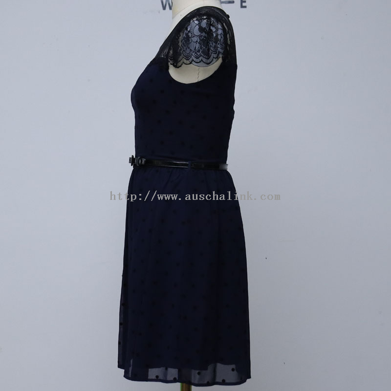 2022 New Hollowed-out Round Collar Waist Flared Mesh Casual Dress for Women
