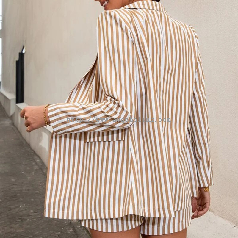 New Spring/summer Striped Double Button Blazer with Lapel And Shorts for Professional Women