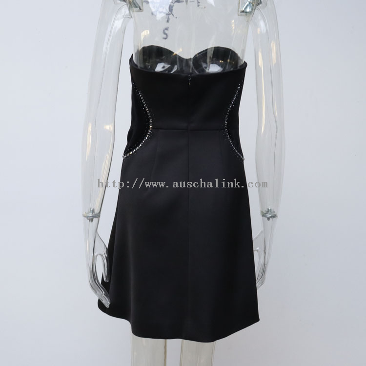 AUSCHALINK Newly Designed Black Strapless Patchwork Nail Bead Matte Satin Slim Sexy Evening Dress for Women