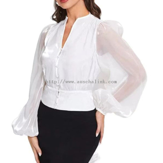 Custom Made White Corner Collar Button Front Lantern Sleeve Mesh Professional Shirt for Women