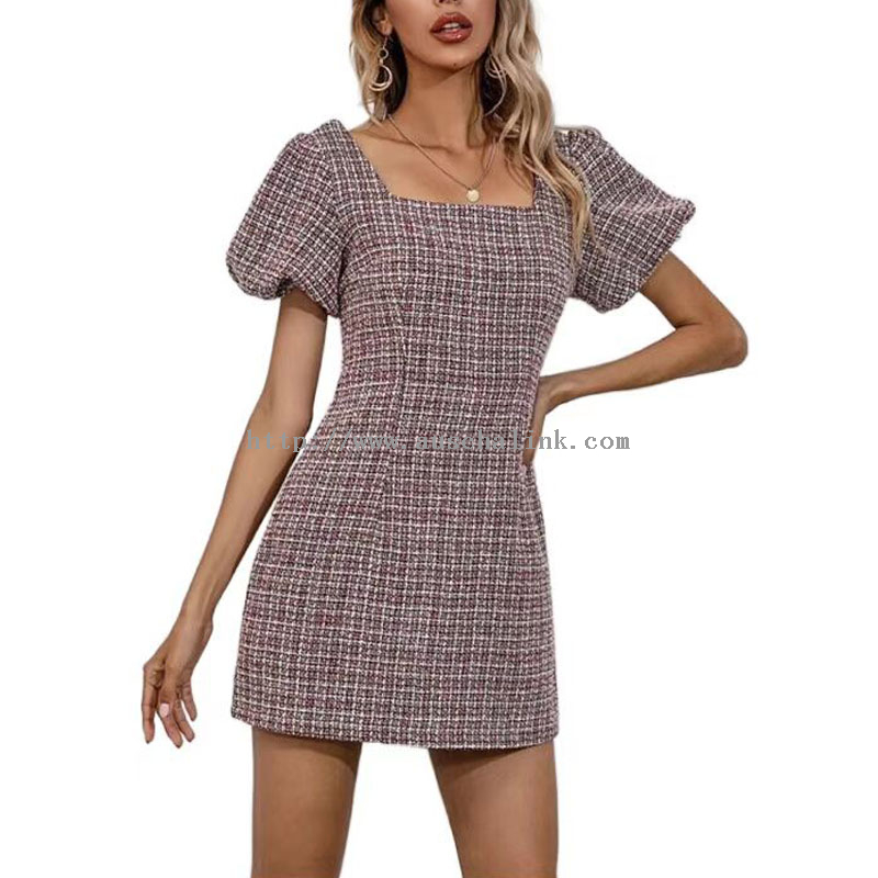 New Spring And Summer Square Collar Bubble Sleeve Tweed High Waist Casual Elegant Dress for Women
