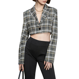 OEM Custom Ladies Suit Jacket Plaid Printed Long Sleeve High quality Women Casual Cropped Blazer