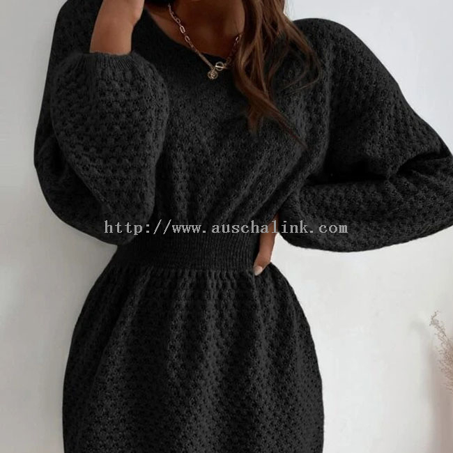 OEM/ODM elegant round neck bat sleeve tight belted waist flared sweater casual dress
