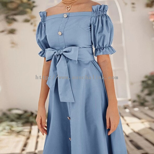2022 New design off-the-shoulder lotus hem single breasted belt bubble sleeve bell elegant dress for women