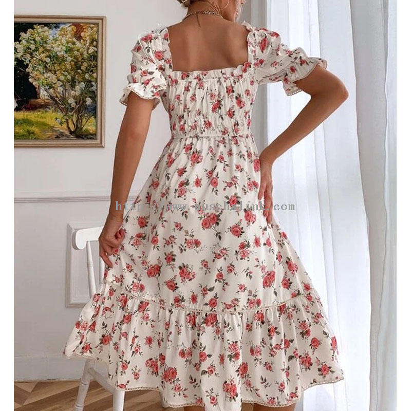 2022 New Multi-color Full-body Floral Square Collar Flounces Sleeve Casual Dress for Women