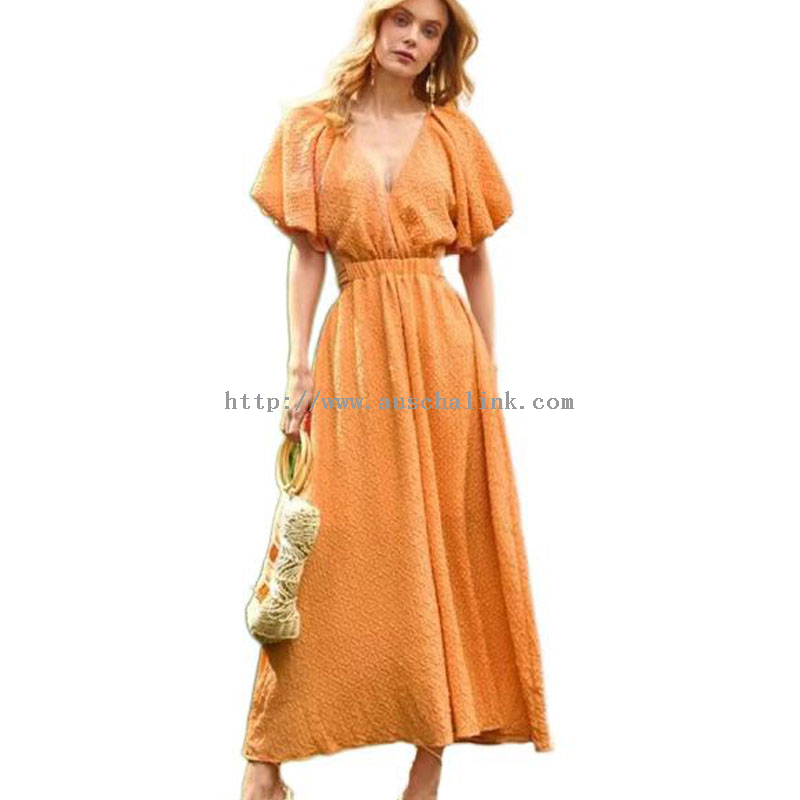Spring And Summer New High-waist V-collar Hollow-out Waist Bubble Sleeve Bell-shaped Elegant Dress Women