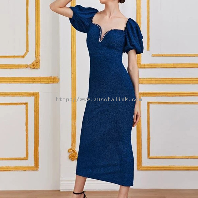 2022 New Design Sweetheart Collar Bubble Sleeve Pearl Sequins Elegant Evening Dress for Women