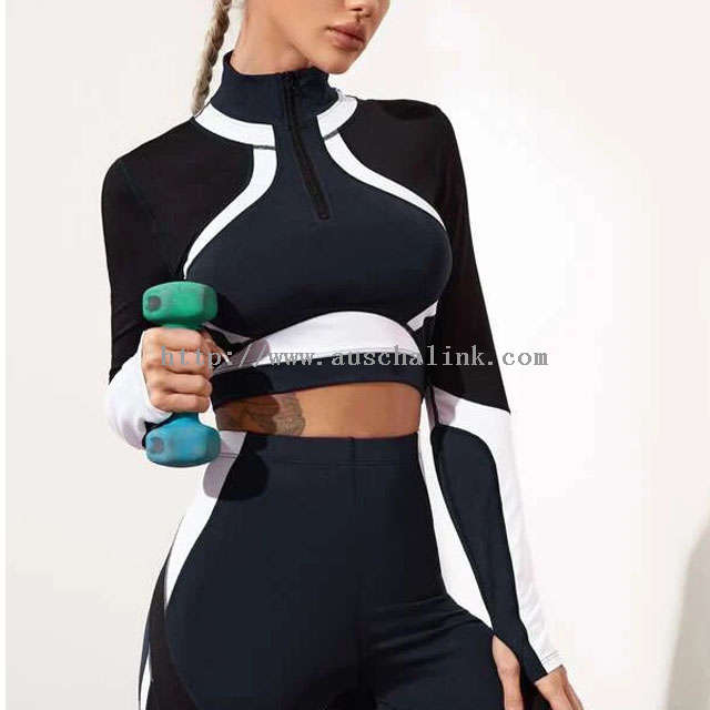 High Stretch Seamless Stand Collar Zipper Color Block T-shirt And Leggings Tracksuit