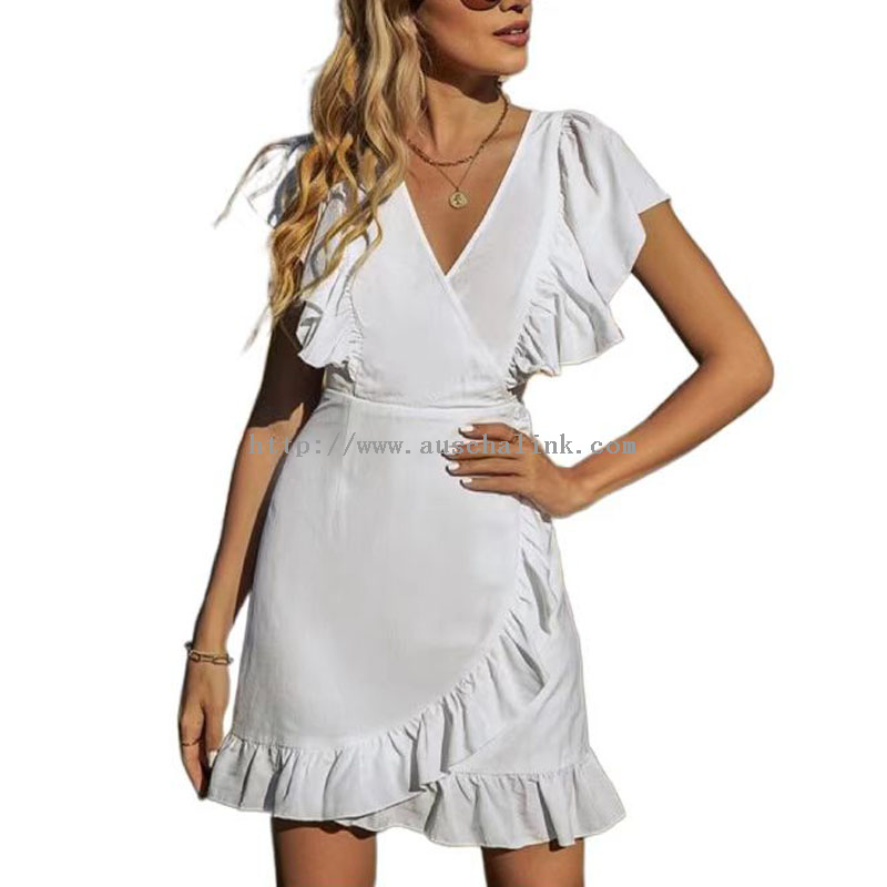 Summer New White Butterfly Sleeve V Collar Lotus Edge Lace Down Casual Dress Women