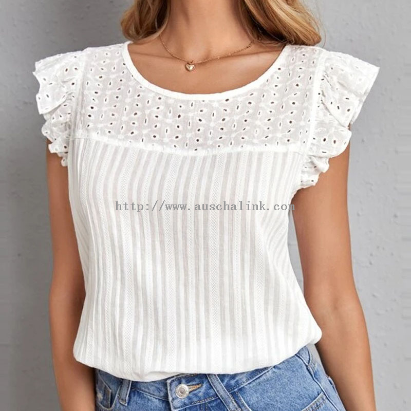 2022 Summer White Round Collar Eyelet Embroidery Fllotus Cuff Keyhole Back Casual Shirt for Women