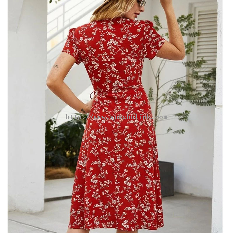 New Summer Short Sleeve V-neck Floral Print Body Wrap Belt Casual Dress for Women