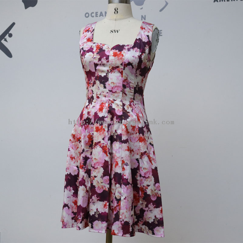 Auschalink New Design Zipper Sleeveless Back Square Collar Waist Flared Print Dress for Women