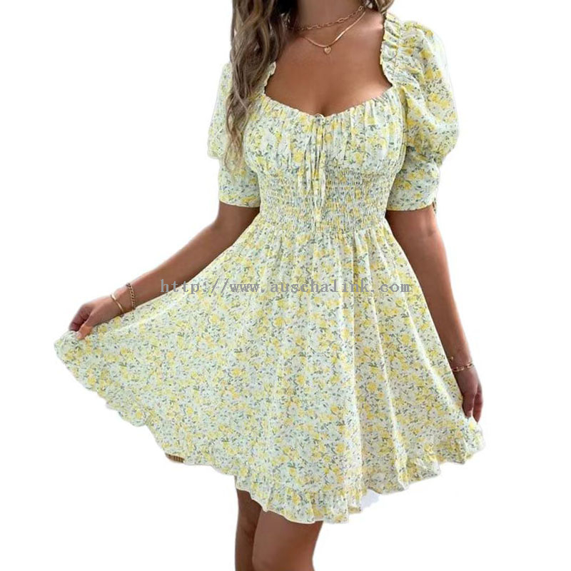 New Summer Sweetheart Gets Bubble Sleeve Ditsy Floral Dress Lotus Edge Beach Recreational Dress Woman