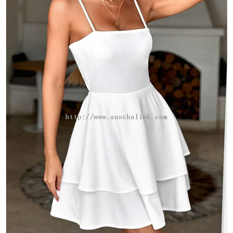 Summer New Sleeveless Solid Color Hollow Back Layered Hem Halter Casual Dress for Women