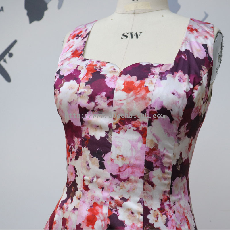 Auschalink New Design Zipper Sleeveless Back Square Collar Waist Flared Print Dress for Women