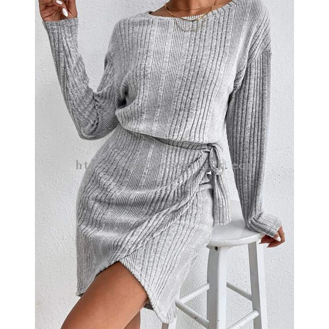 2022 New Ribbed Knit Round Collar Off Shoulder Wrap Knot Decorative Side Dress Casual Dress for Women
