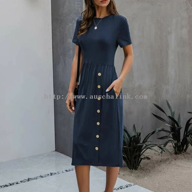 2022 Custom round collar short sleeves Diagonal pocket button details solid color casual dress for women