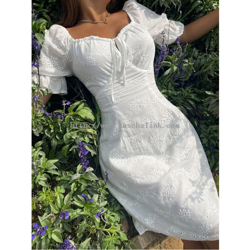 Spring And Summer New Zipper Eyelet Embroidery Lace Frontal Lotus Sleeve Sweetheart Collar Casual Dress Women