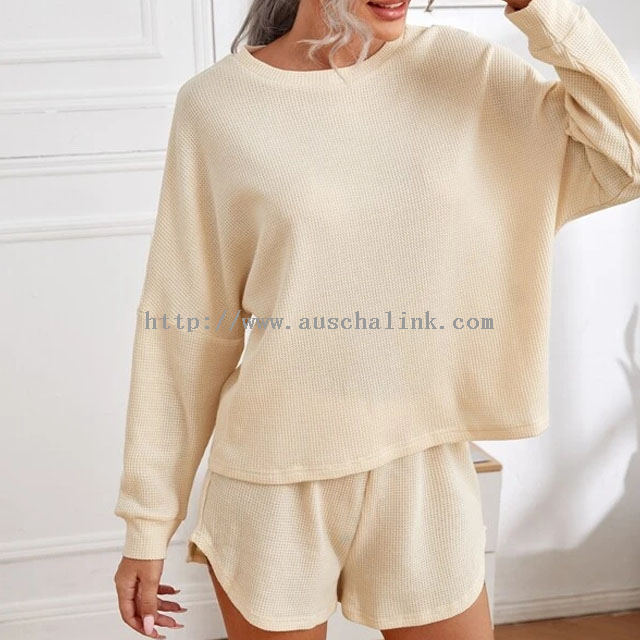 2021 NEW Loose Solid Color Round Neck Waffle Knit Off-the-shoulder Casual Loungewear Sets
