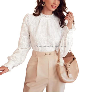 2022 New Design White Small High Collar Floral Embroidery Lettuce Trim Professional Blouse for Women