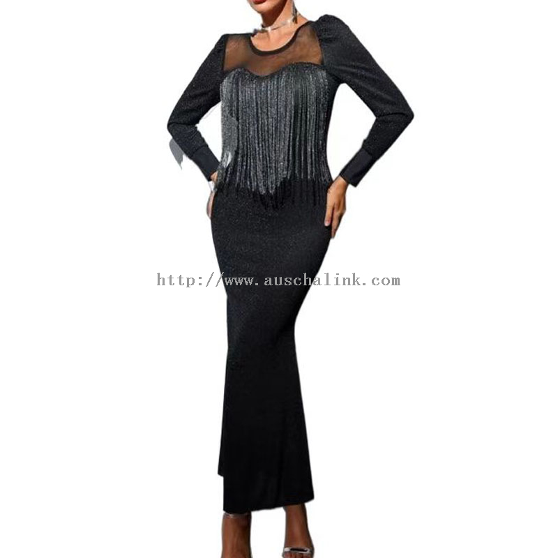 2022 New Design Contrasting Color Mesh Fringed Trim Sequins Sexy Evening Dress for Women