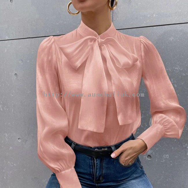Custom Spring And Autumn Long Sleeve Lace Bubble Sleeve Satin Blouse for Women
