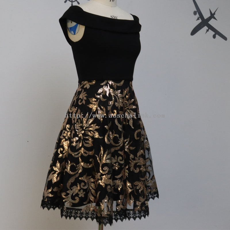 AUSCHALINK- Newly Designed Short Sleeve Sequins High Waist Flared Elegant Evening Dress for Women