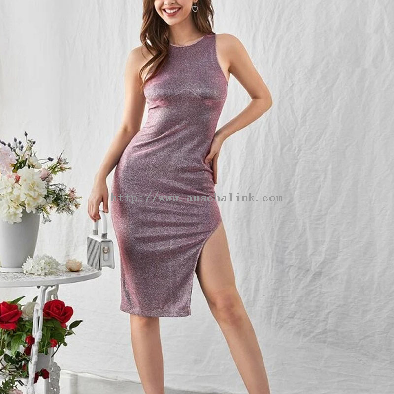 2022 Summer Sleeveless Round Neck Slit Sequins Tight Sexy Evening Dress for Women