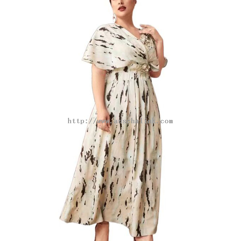 2022 Fashion Tie-dye Embroidered Applique Pearl Beaded Cape Sleeve Plus-size Dress for Women