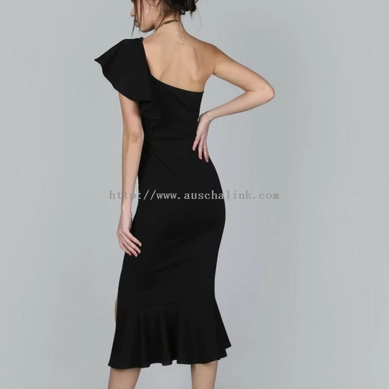 AUSCHALINK- New Design Black MIDI Single Shoulder Slit Flounces Sexy Evening Dress Women