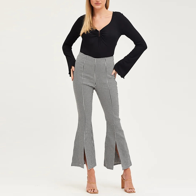 Oem Custom Fall 2022 Casual Plaid Print Elegant Women'S High Waist Flared Trousers Pants