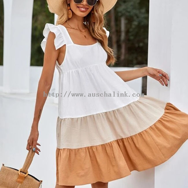 Summer New Square Collar Frilly Decorative Color Block Blouse Cotton Casual Dress Women