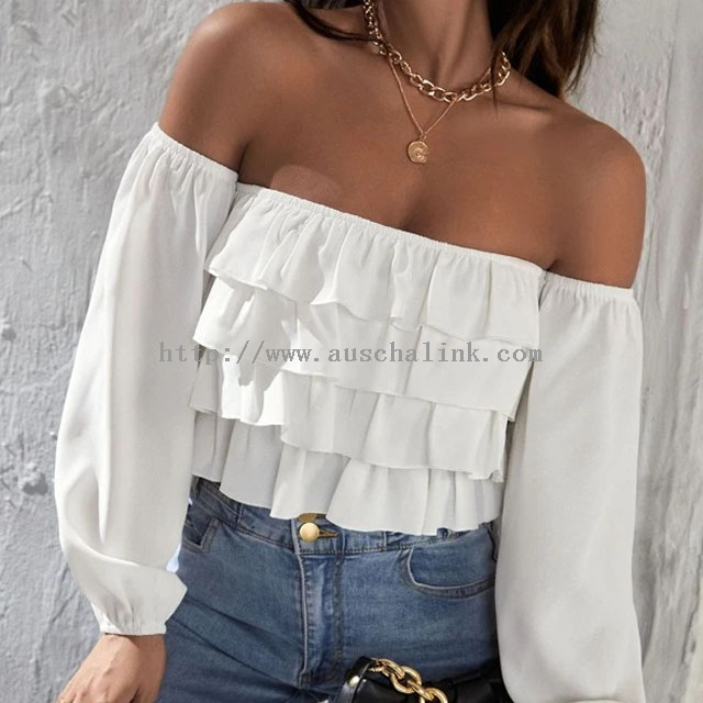 2021 Spring And Summer Long Sleeve Off-the-shoulder Lamp Sleeve Layer Hem Casual Shirt for Women