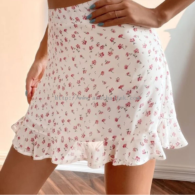 High Quality Chiffon High Waist Zipper Flounces Hem Small Floral Elegant Skirt for Women