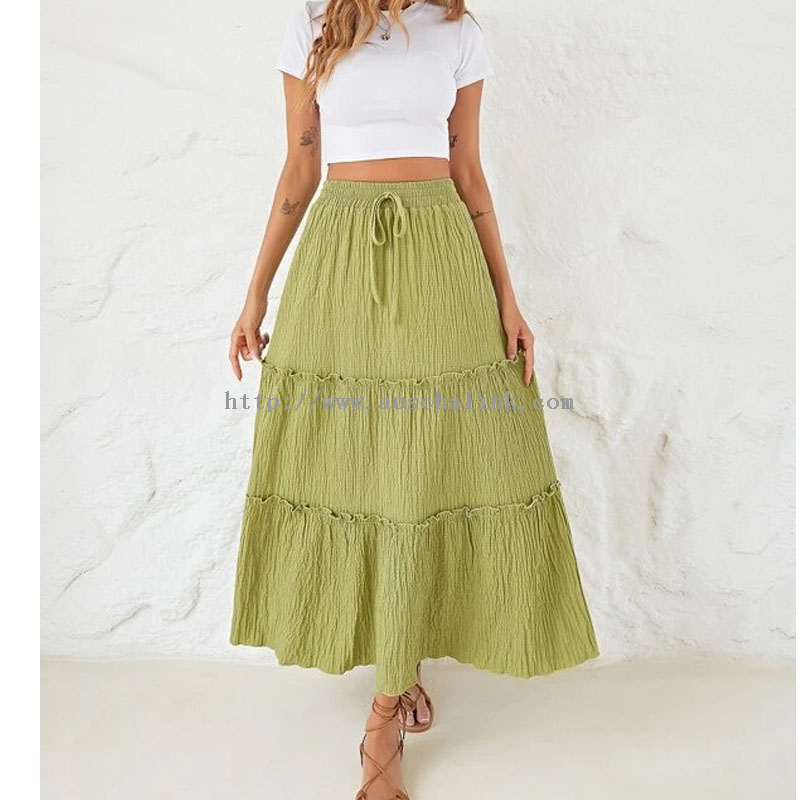 2022 Summer High Waist Drawstring Parallel Crepe Hem Elegant Skirt for Women