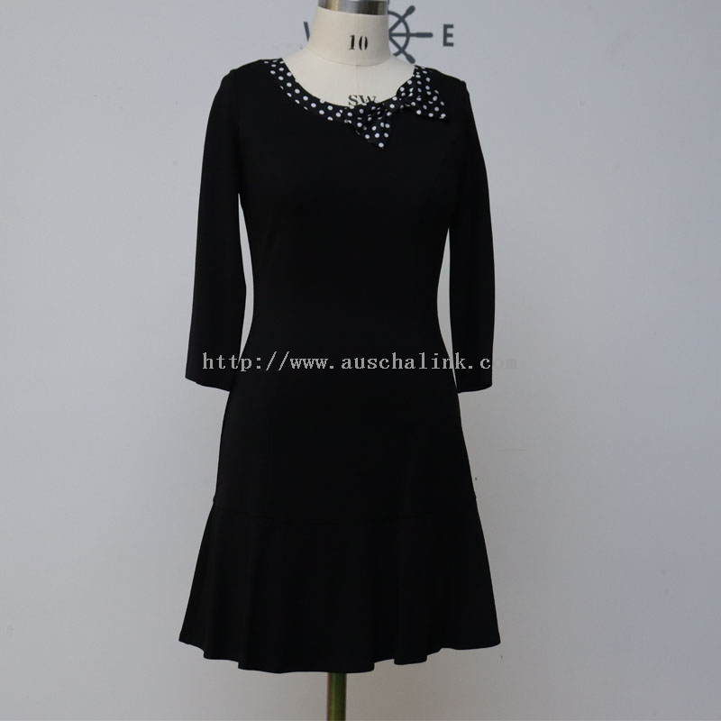 New Fashion Black Long Sleeves Bow Collar High Waist Flared Casual Dress for Women