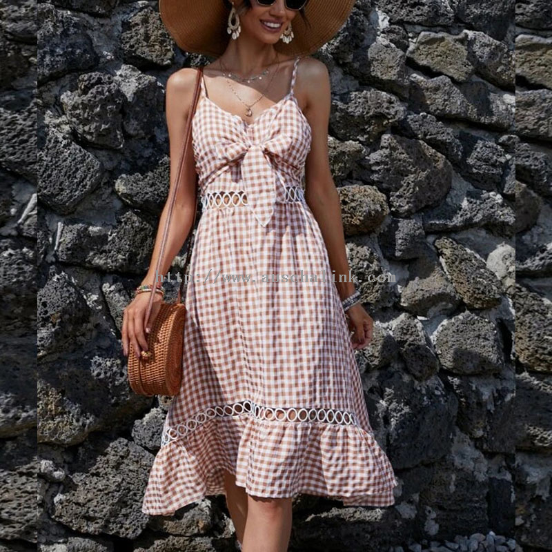 Summer 2022 Sweet Plaid Printed Knot with Flounces Bottom Hollow Halter Casual Dress Women