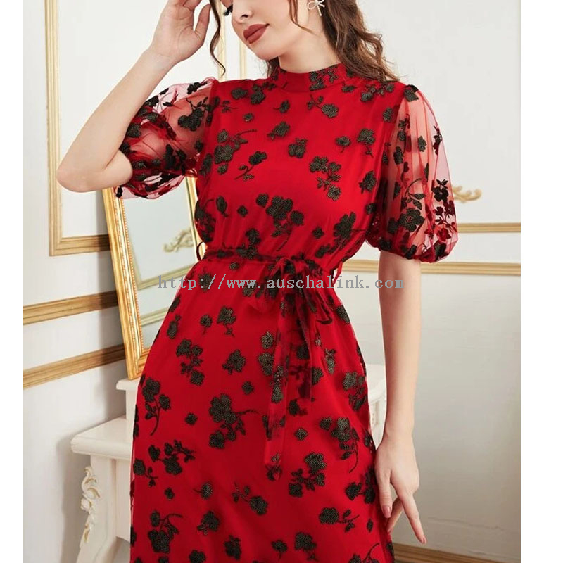 New High Quality Stand Collar Floral Lace-up Lantern Sleeve Net A-word Professional Dress for Women