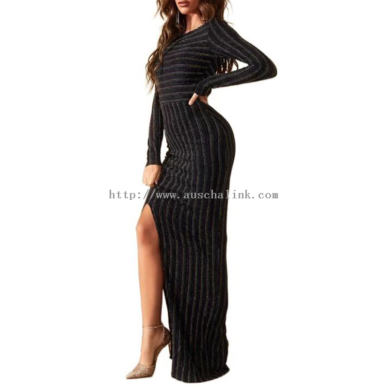 High quality long sleeve round neck striped slit thigh flash sexy ball dress for women