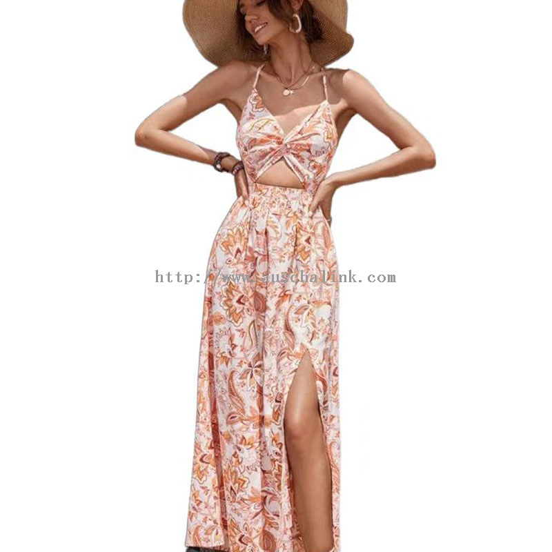 Summer New Sleeveless Twist Pleated Front Lace Back Floral Sling Slit Casual Dress for Women