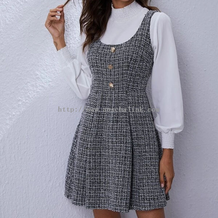 2022 New Zipper round neck Tweed pleated mini one-piece professional Dress for women