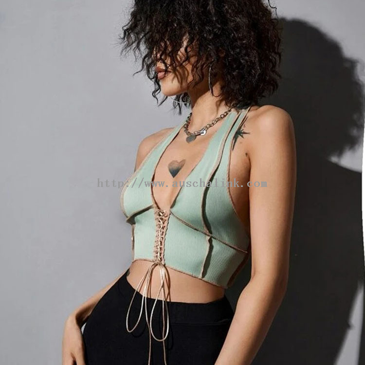 2022 Summer Lace-up Necktie with Rib Knit Front Stitch Embellishment Sexy Backless Top for Women
